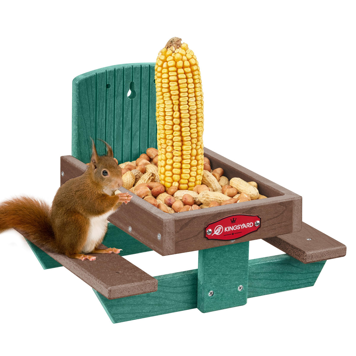 Kingsyard Squirrel Feeder Table outdoors with two benches for easy wildlife viewing.