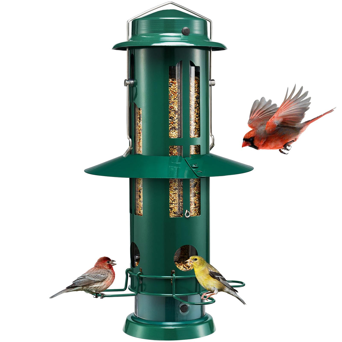 Kingsyard squirrel-proof bird feeder in full view with green metal exterior for outdoors.