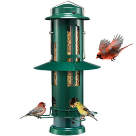 Kingsyard squirrel-proof bird feeder in full view with green metal exterior for outdoors.