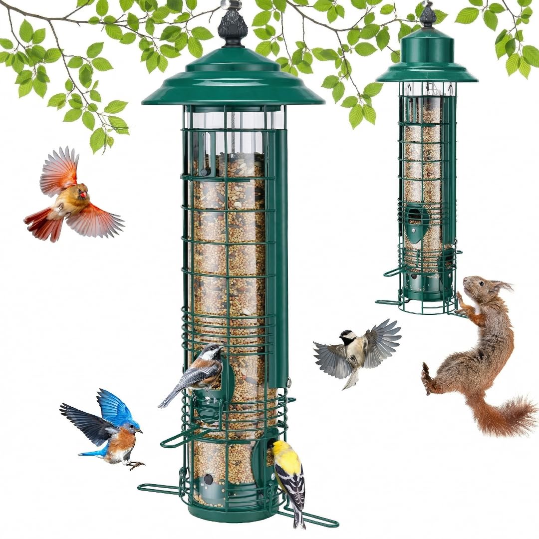 Kingsyard squirrel-proof bird feeder green protects seeds for small birds