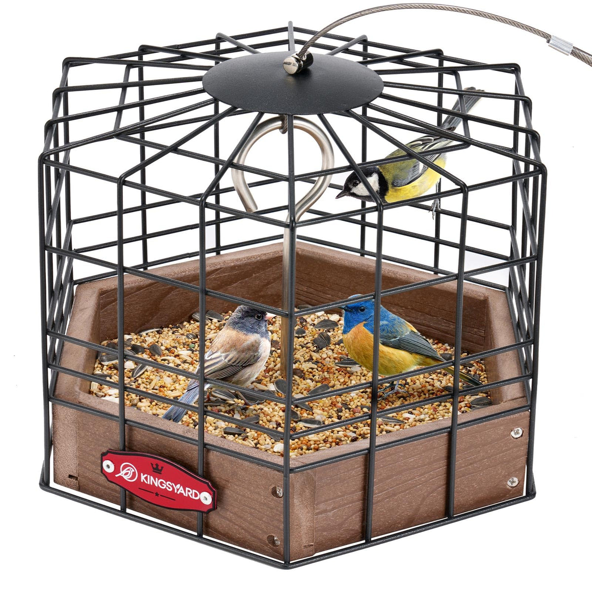 Kingsyard Squirrel-Proof Platform Bird Feeder brown with protective mesh cage deterring large visitors.