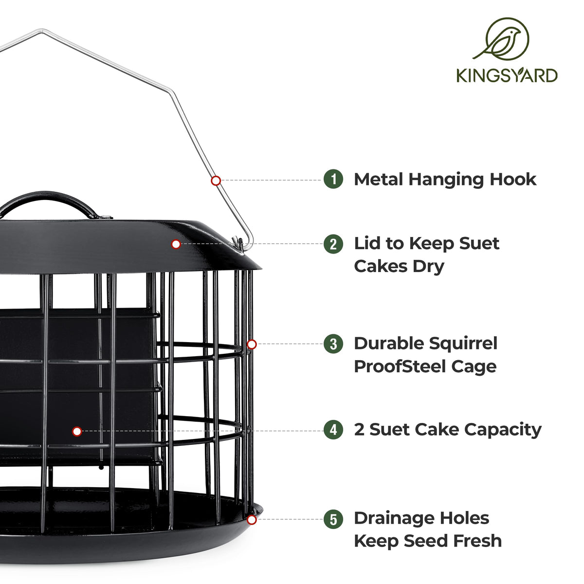 Kingsyard Squirrel Proof Feeder double suet cake capacity for extended feeding.
