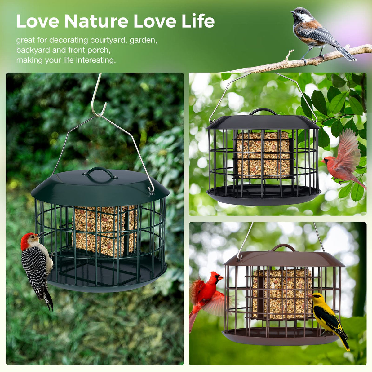 Kingsyard Squirrel Proof Feeder in a garden scene attracting small birds.