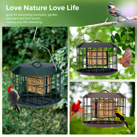 Kingsyard Squirrel Proof Feeder in a garden scene attracting small birds.