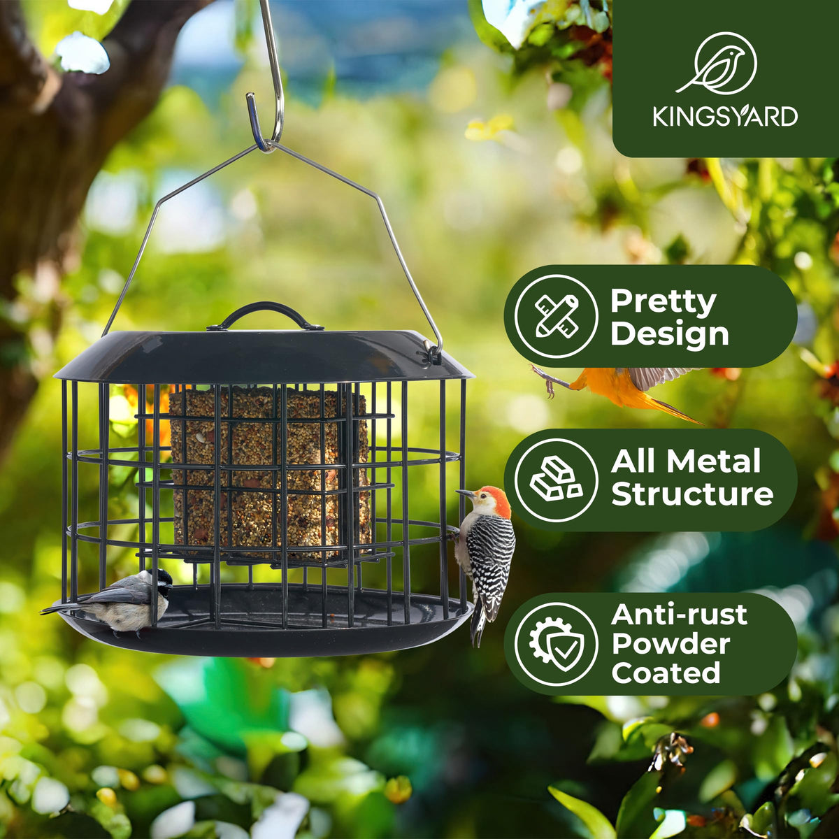 Kingsyard Squirrel Proof Feeder side view showing durable metal construction for outdoor use.