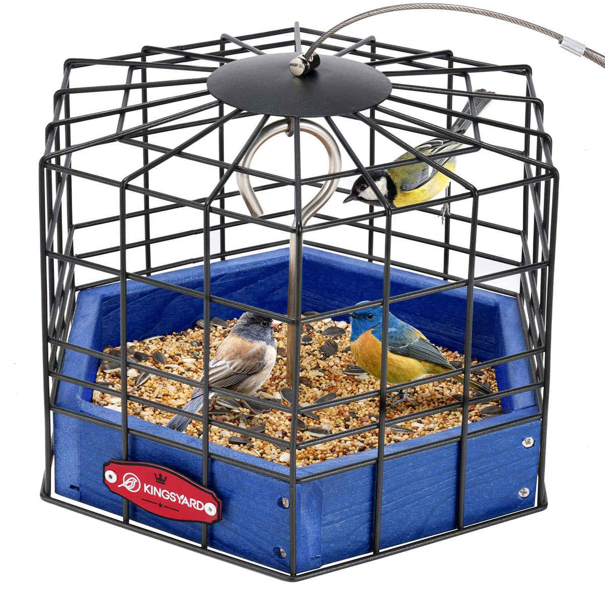 Kingsyard squirrel-proof platform feeder front view showing secure metal mesh.