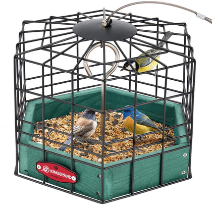 Kingsyard Squirrel-Proof Platform Feeder, front view, keeps larger pests out while small birds feed.