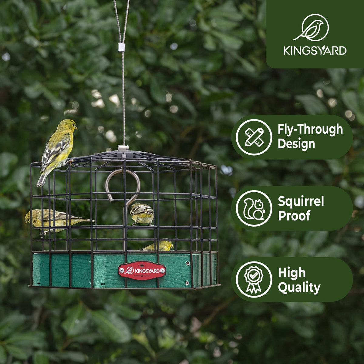 Kingsyard Squirrel-Proof Platform Feeder, side view, green, ideal for finches and bluebirds.