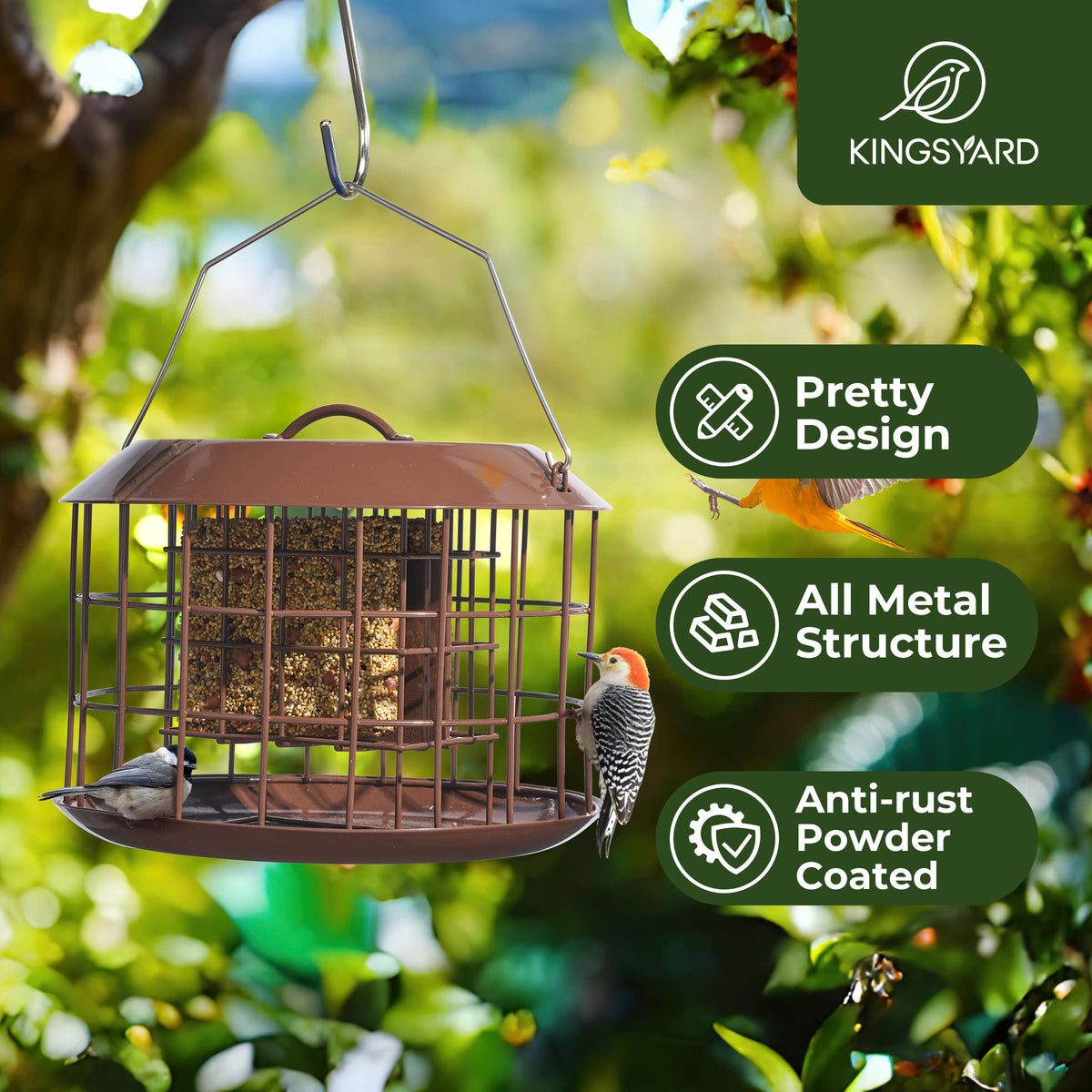 Kingsyard squirrel-proof suet feeder side view demonstrates compact footprint and dual cake capacity.