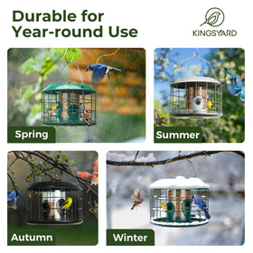 Squirrel-resistant Kingsyard feeder system protecting seed supply
