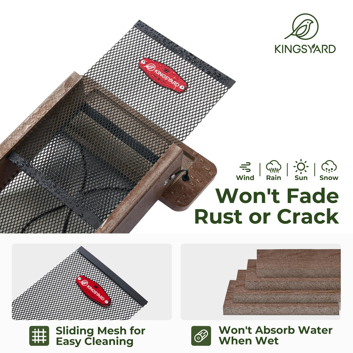 Kingsyard Tool-Free Cleaning feature with pull-out mesh for easy seed residue removal