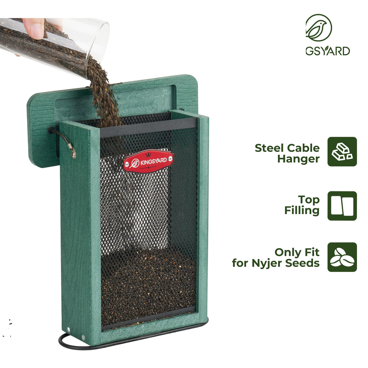 Kingsyard top-fill design enables easy refilling without disturbing birds.