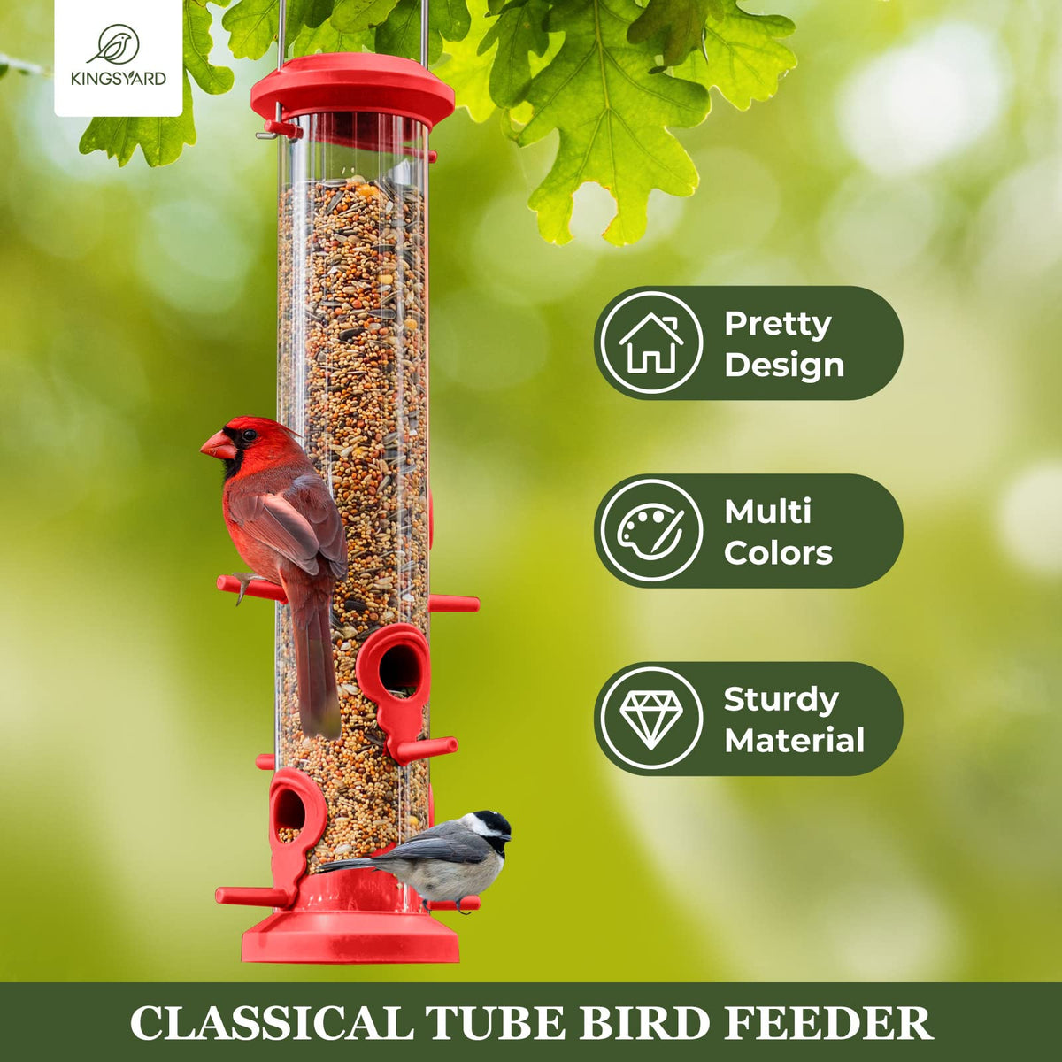 Kingsyard tube feeder with 6 feeding ports supports multiple birds at once.