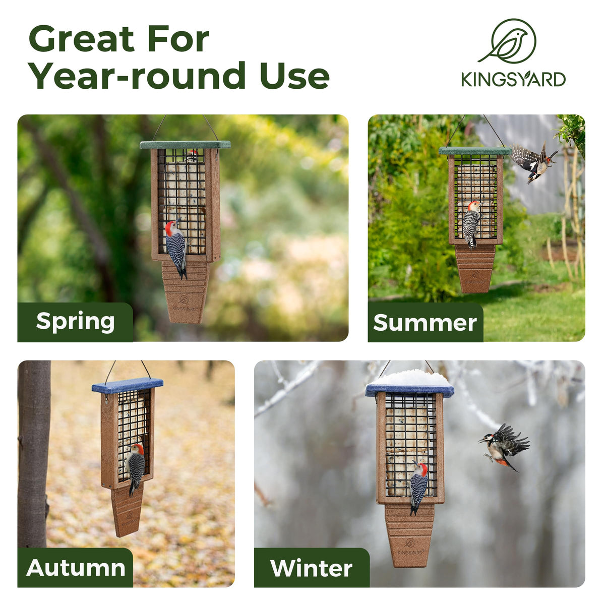 Kingsyard versatile feeder supports suet, seed, and mealworms for cling birds.