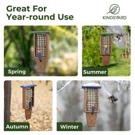 Kingsyard versatile feeder supports suet, seed, and mealworms for cling birds.