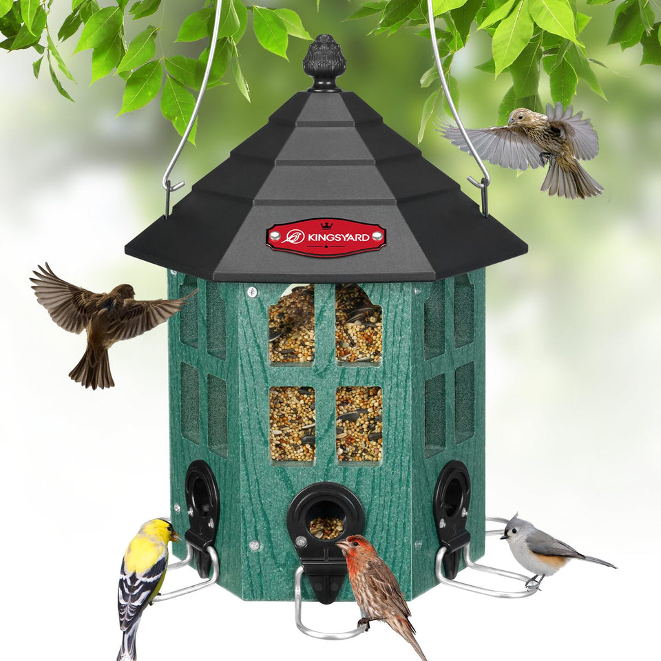 Kingsyard weatherproof bird feeder in green withstands rain for year round feeding.