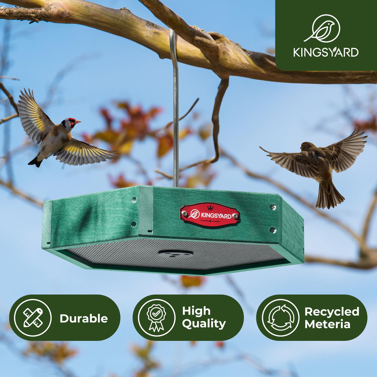 Kingsyard weatherproof bird feeder with mesh tray keeps seeds dry in rain.