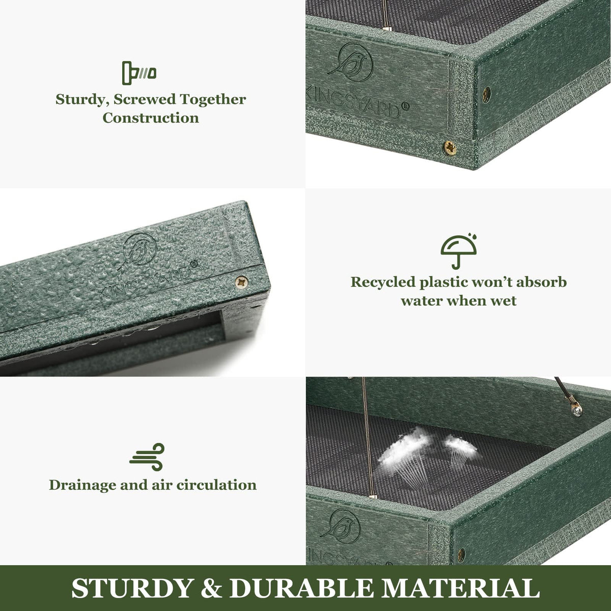 Kingsyard weatherproof recycled plastic green feeder resists sun and rain.