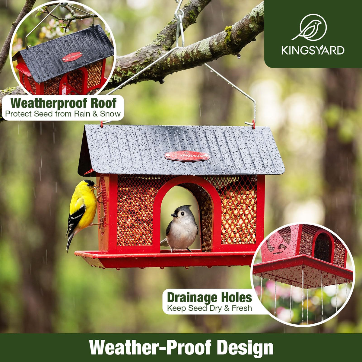 Kingsyard weatherproof roof protects seeds from rain and snow.