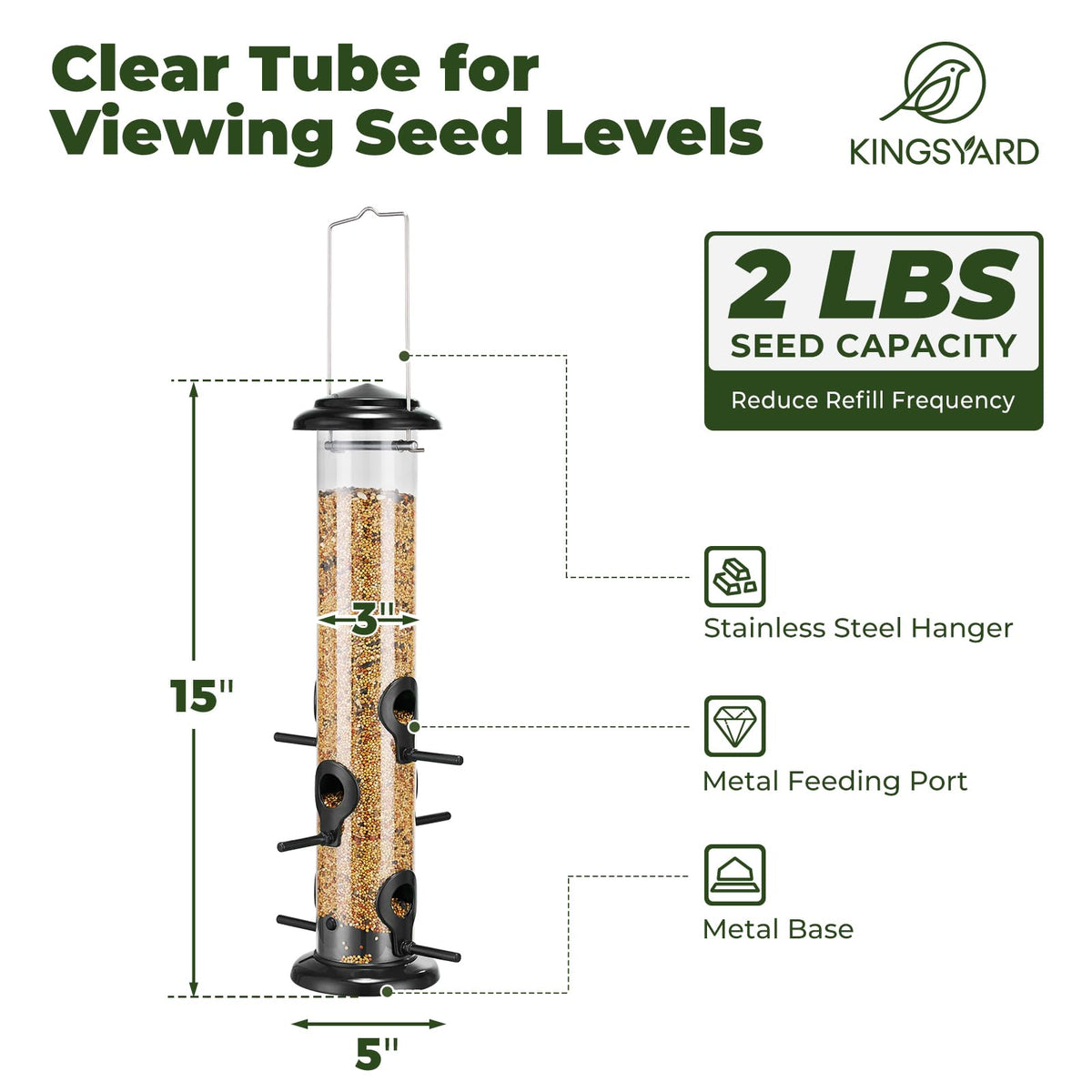 Kingsyard weatherproof seed compartment protects seeds from rain.