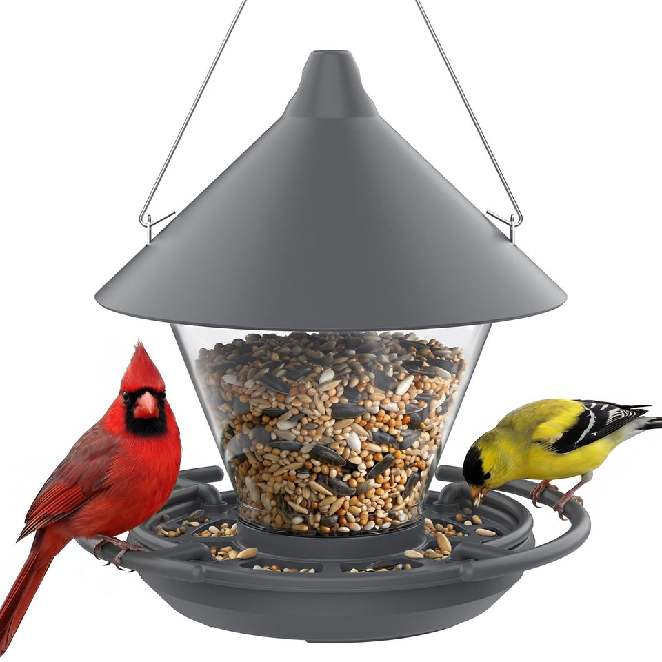 Kingsyard Wild Bird Feeder outdoors hanging with seed guard for cleaner ground and drier seed