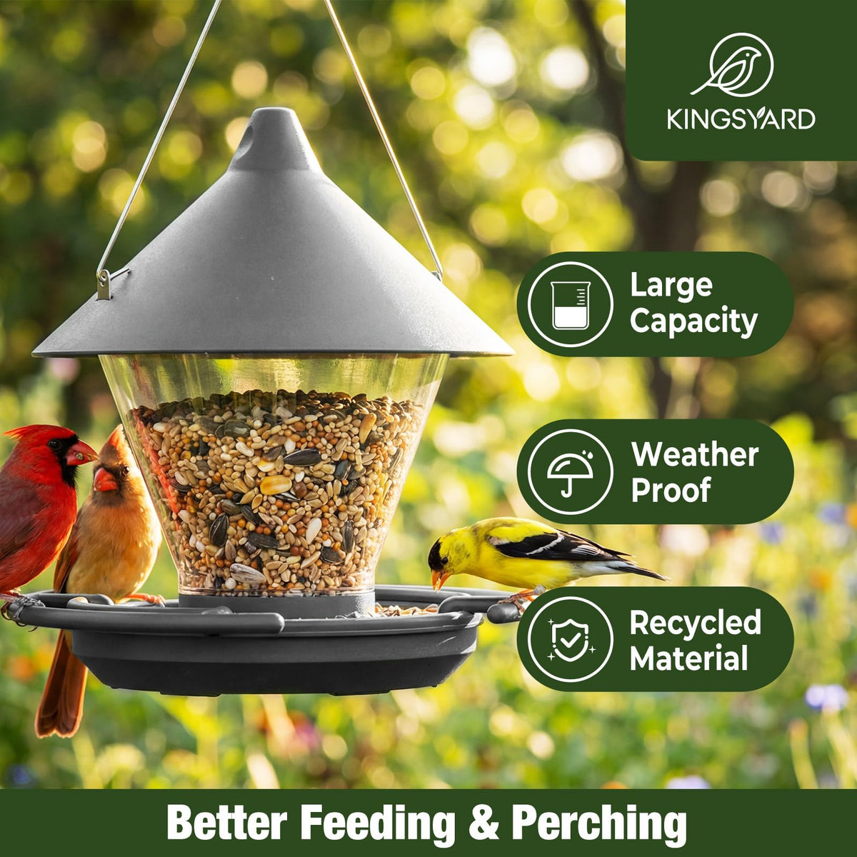Kingsyard feeder with seed guard reduces spills and attracts cardinals goldfinches and chickadees