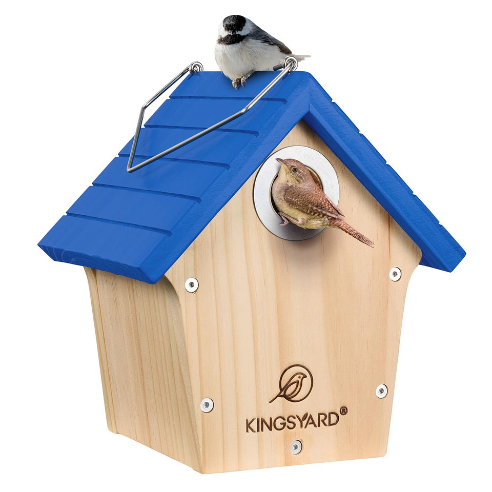 Kingsyard wooden wren house ready for outdoor nesting and gentle garden viewing.