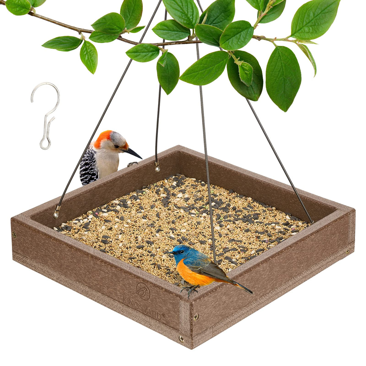 Kingsyard WPC platform bird feeder mounted outside attracts diverse birds year-round.