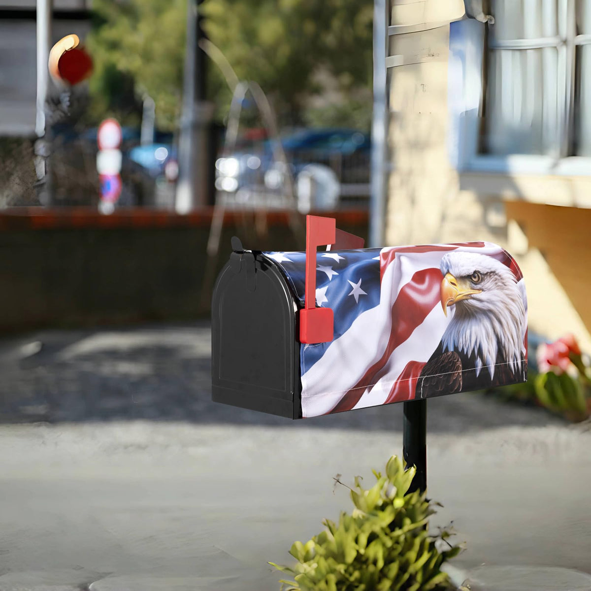 KIOYTLIK welcome-design mailbox cover enhances curb appeal and patriotic ambiance outdoors.