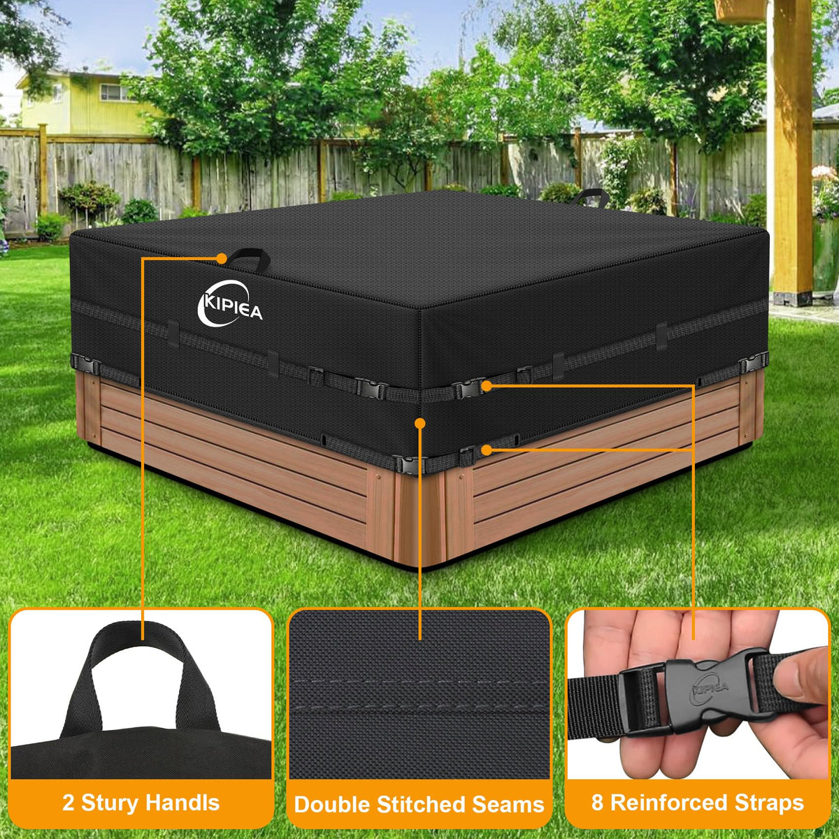 Kipiea 600D hot tub cover easy installation illustration for quick setup.
