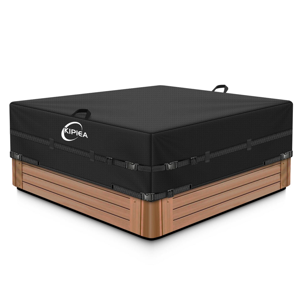 Kipiea 600D hot tub cover front view protecting outdoor tub from weather and debris.