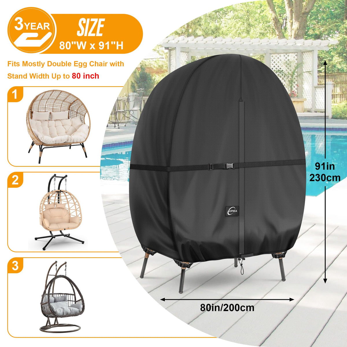 Kipiea egg chair cover shows windproof straps keeping the chair stable during gusts.