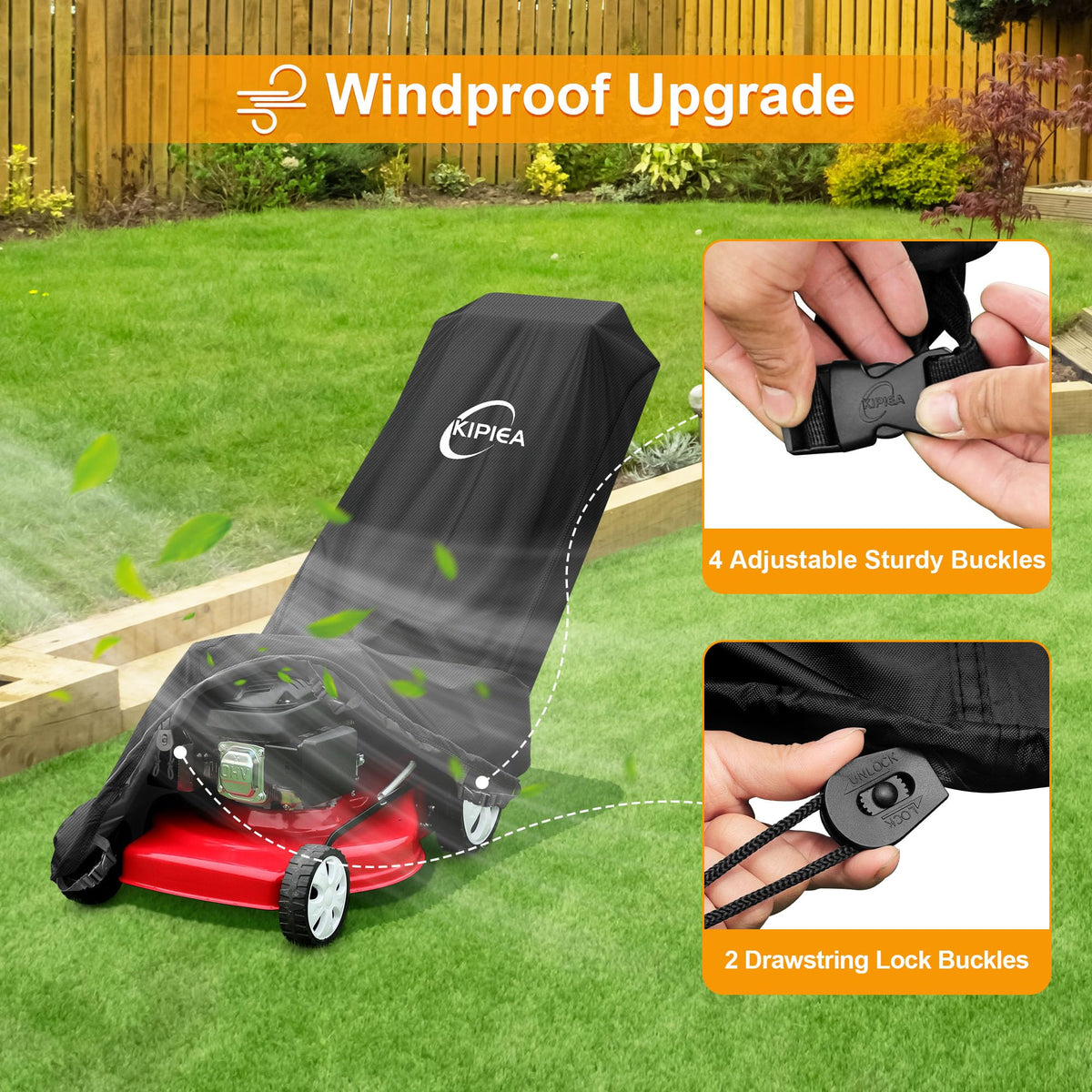 Two drawstrings ensure a snug Kipiea cover fit on mower
