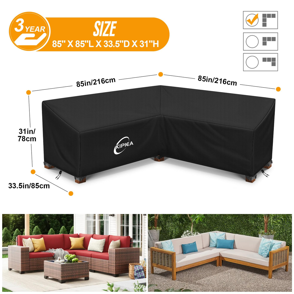Kipiea outdoor sectional cover shows windproof buckles and secure fit for windy days.
