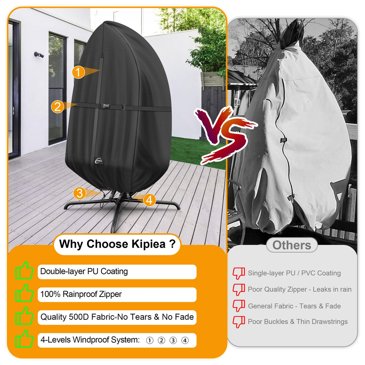 Kipiea patio egg chair cover durable 500D oxford fabric withstands outdoor use.