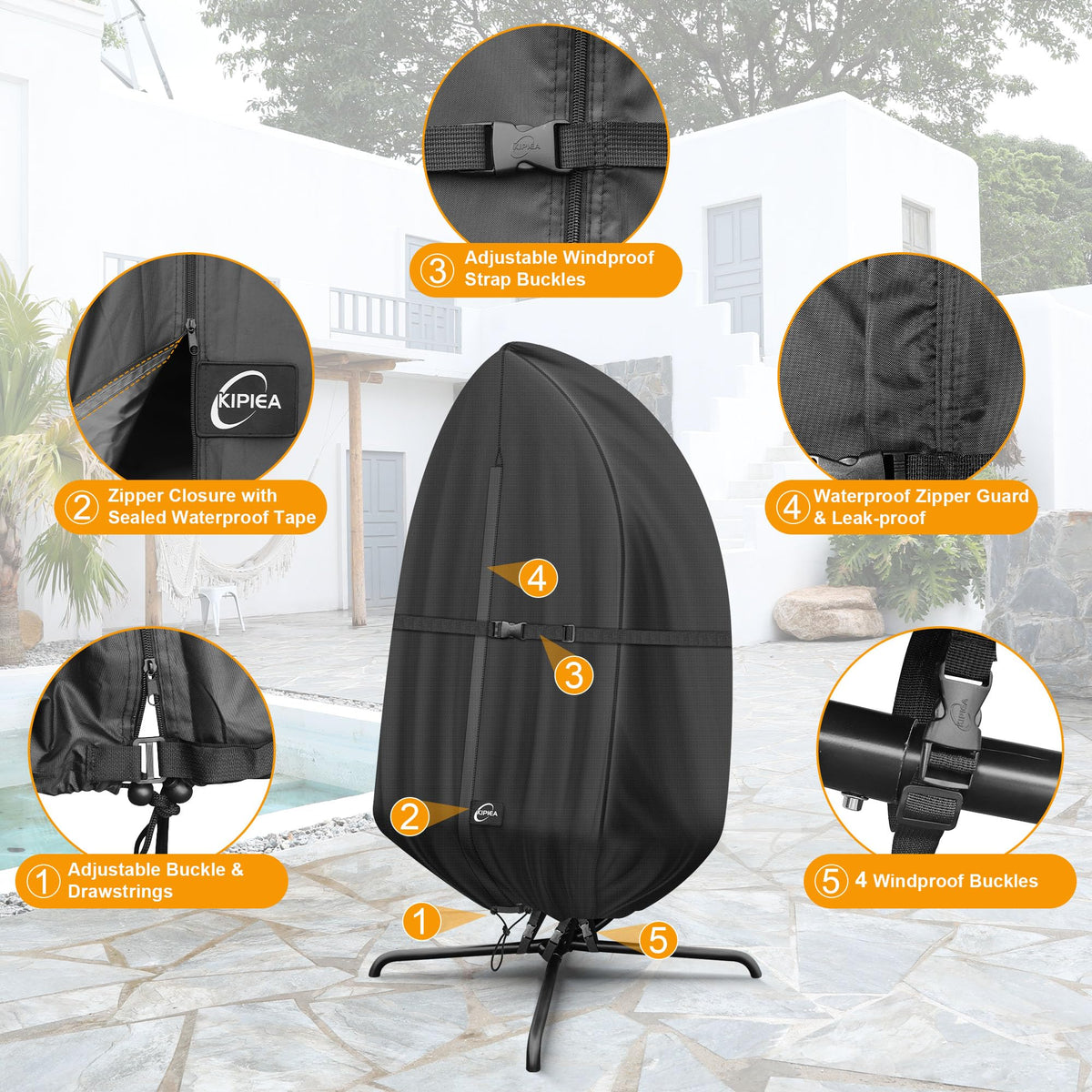 Kipiea patio egg chair cover upgraded waterproof zipper prevents water seepage.