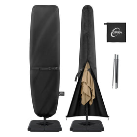 Kipiea patio umbrella cover in top view protecting 13-15 ft offset umbrellas.