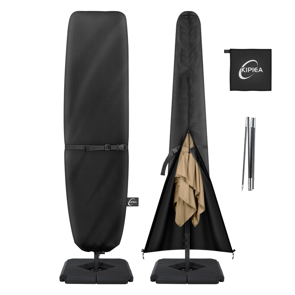 Kipiea patio umbrella cover in top view protecting 13-15 ft offset umbrellas.
