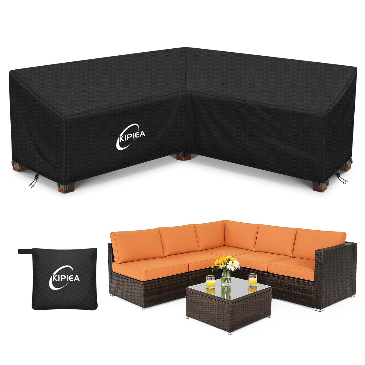 Kipiea patio V-shaped sectional cover fitted on sofa protecting against rain