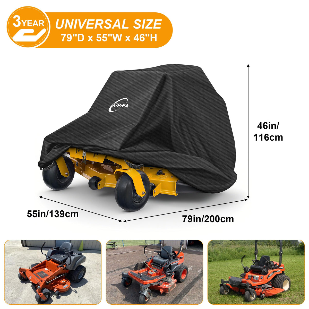 Kipiea Zero Turn Mower Cover shows two drawstrings for snug weather seals.