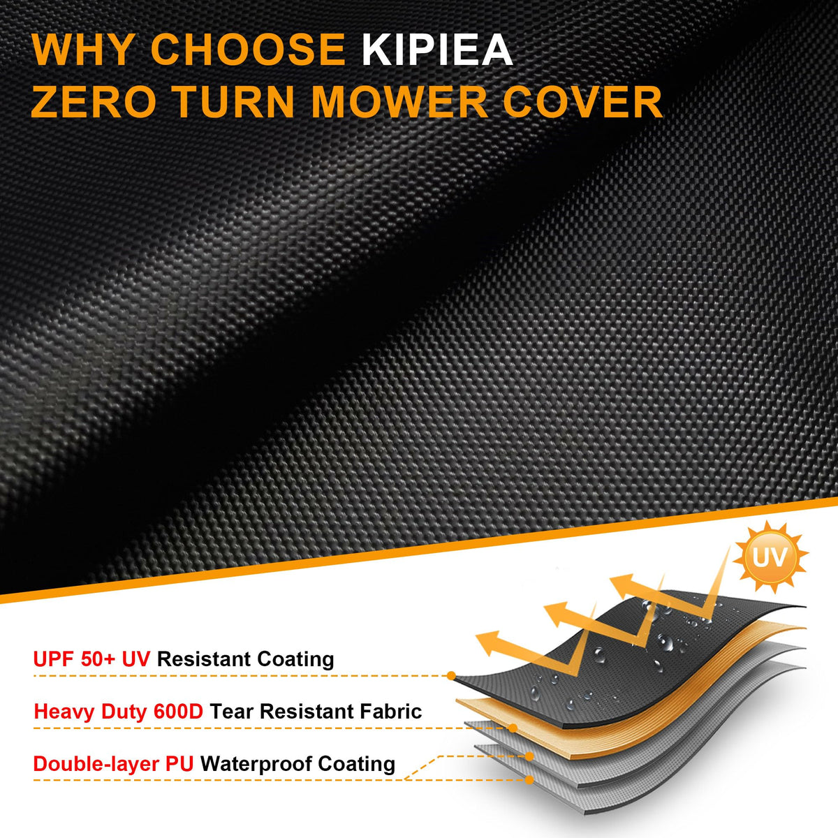 Kipiea cover's durable 600D fabric resists cracking and fading outdoors.