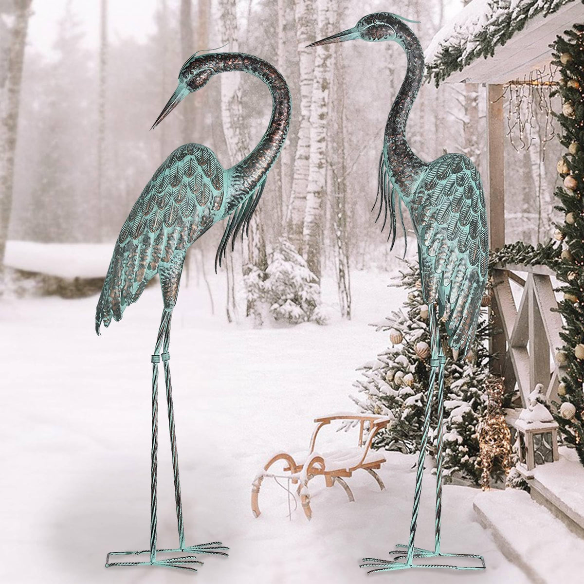 Kircust garden crane statue with U-shaped stakes stays secure in the ground.