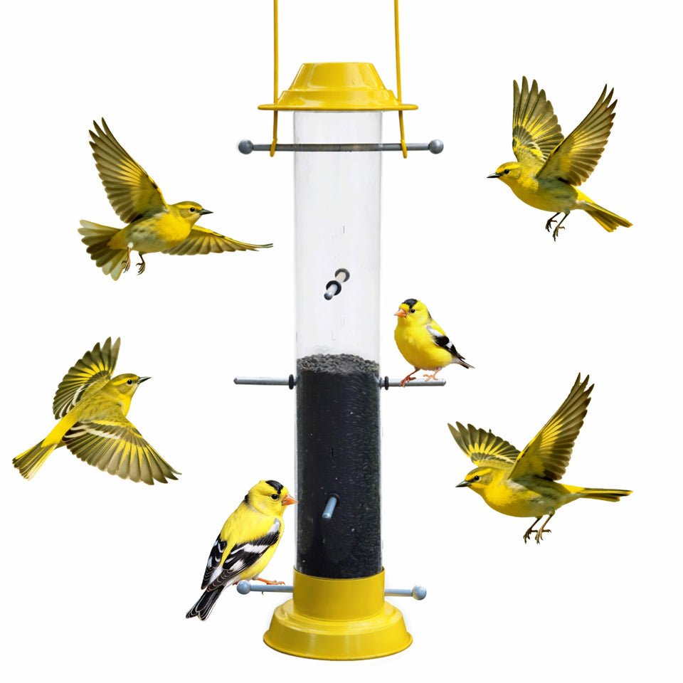 KiRuan Deco Finch Feeder outdoor yellow full-view shows seed levels