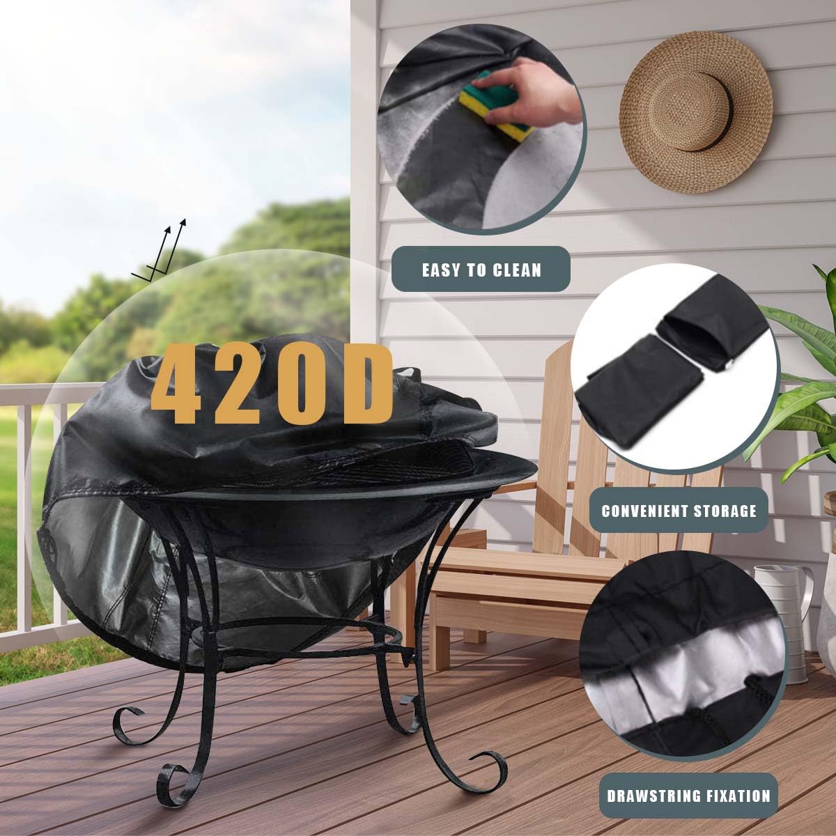 KISEER Fire Pit Cover black exterior complements outdoors while guarding the pit