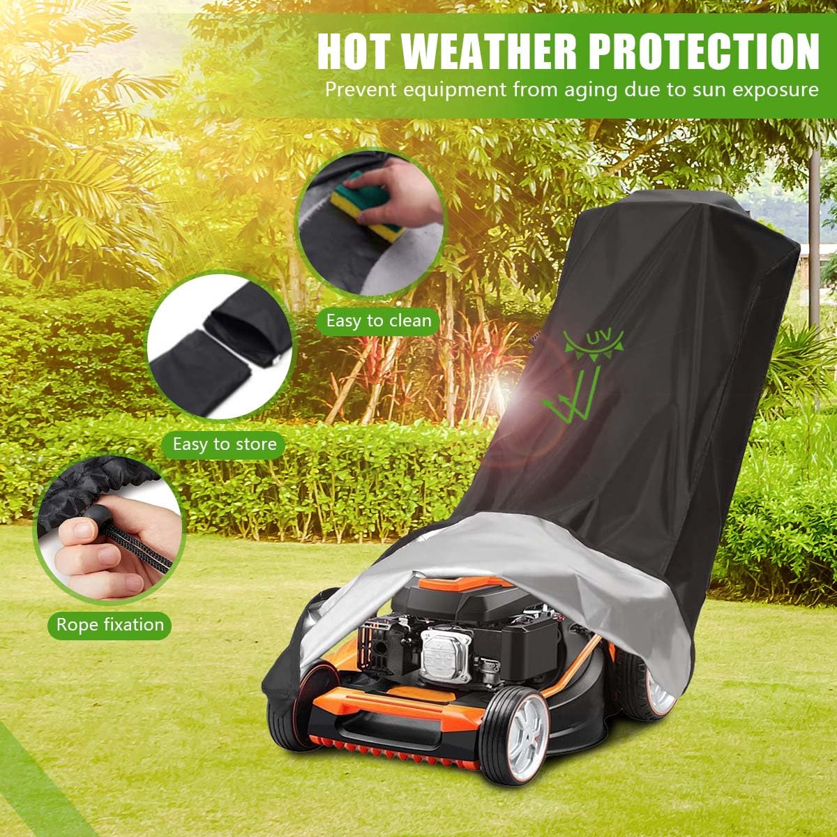 KISEER Outdoors lawn mower cover uses heavy-duty 210D polyester with PVC coating.