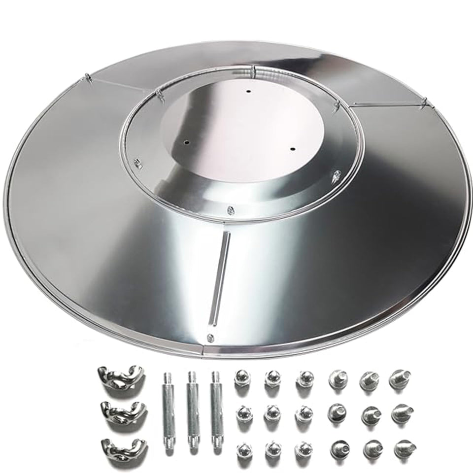 Kisworm 33-inch patio heater reflector shield with round dome directs heat outward.