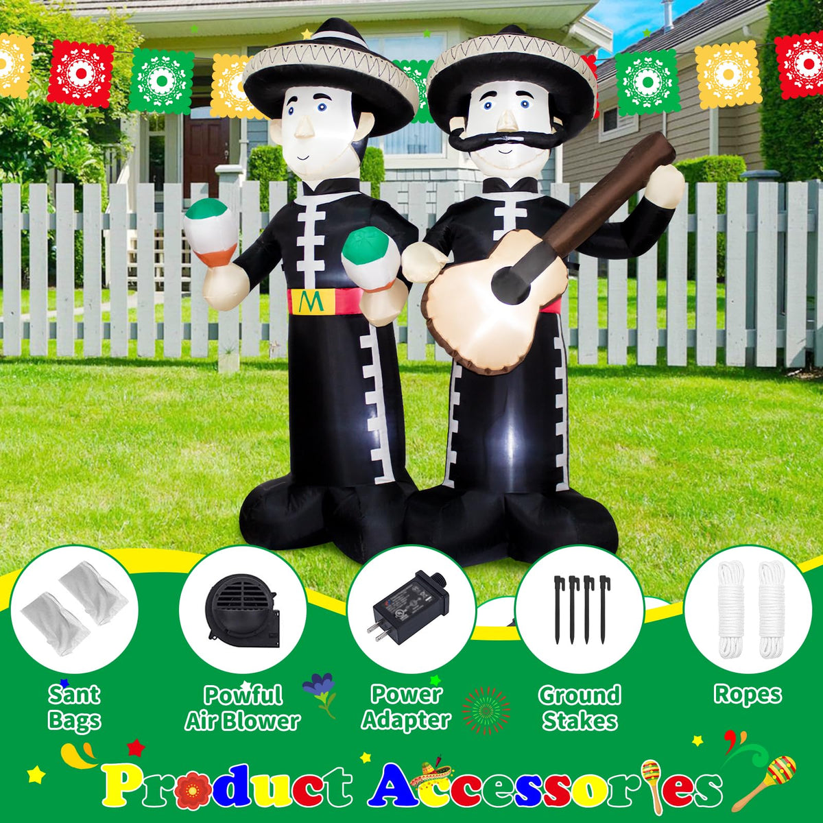KITBONIS mariachi inflatable with sombrero and instruments adds authentic flair.