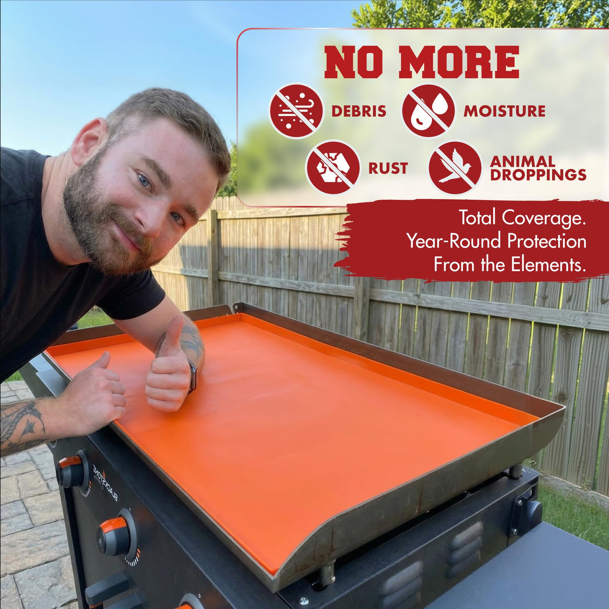 Kitchen Perfection 36-Inch cover on Blackstone hood demonstrates compatibility across models.