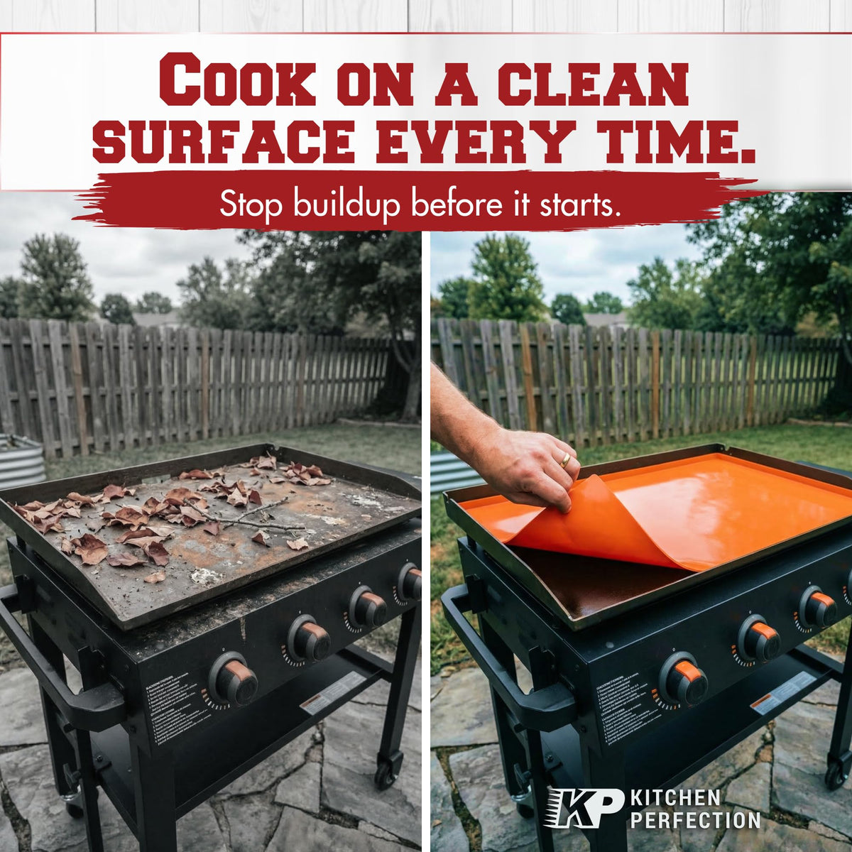 Kitchen Perfection 450°F heat-resistant cover helps preserve seasoning after cooking.