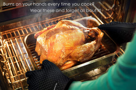 Kitchen Perfection all-hands-fit gloves accommodate large and small hands.